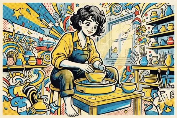 Illustration of a curly-haired person in a yellow shirt and denim apron shaping a bowl on a pottery wheel in a sunny studio full of vases.