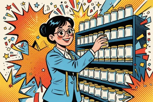 Illustration of a smiling person in glasses and a blue blazer, a tape measure around the neck, placing a jar on a tall shelf lined with neat labelled jars.