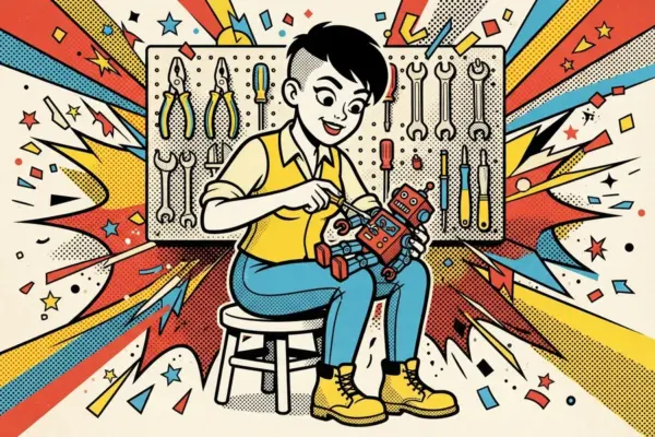 Persona de pelo corto sentada en un taburete que repara un pequeño robot con un destornillador, ante un panel de herramientas.