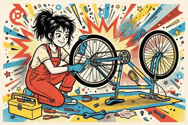 Illustration of a person in red overalls kneeling beside an upside-down bicycle, with a toolbox and scattered tools on the floor and gears in the air.