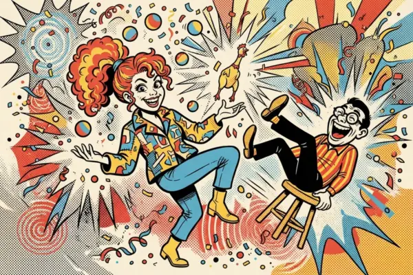 Ilustración pop de una mujer de pelo rizado y naranja que hace malabares y lanza un pollo de goma, mientras un hombre con gafas se ríe en un taburete a punto de caerse.