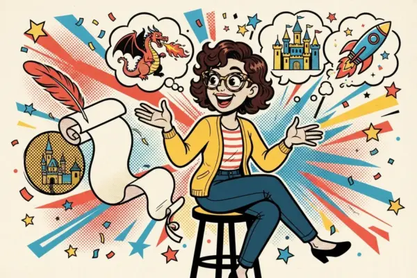 Pop-art woman with curly hair and glasses sitting on a stool and gesturing, with thought bubbles showing a dragon, a castle and a rocket, and a quill and unrolled scroll beside her.