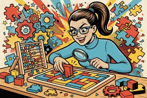 Pop-art woman in glasses and a ponytail studying a colorful block puzzle through a magnifying glass, surrounded by gears, an abacus and jigsaw pieces.