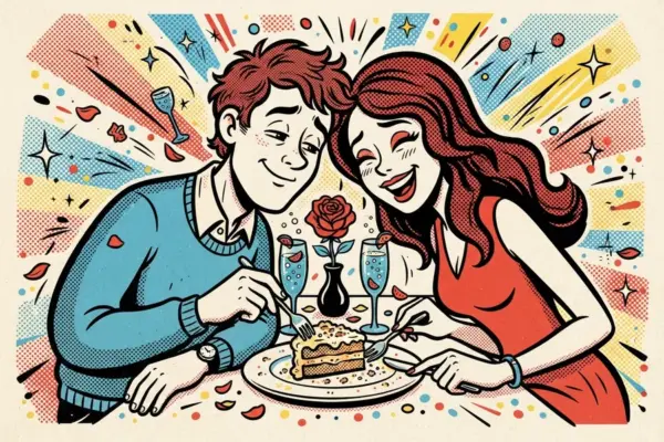 Ilustración pop de una pareja que comparte un trozo de tarta con dos tenedores, con copas de espumoso y una rosa en un jarrón, entre pétalos y destellos.
