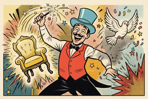 Ilustración pop de un mago de chistera azul y chaleco rojo que agita una varita de la que sale un sillón dorado brillante, mientras una paloma blanca echa a volar.