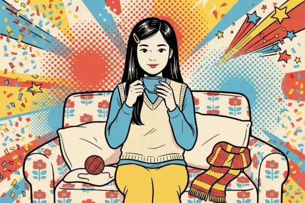 Illustrated person with long dark hair sipping from a blue teacup on a flowered sofa, a neat ball of red yarn and a striped scarf beside them, with confetti and a pop-art burst behind.