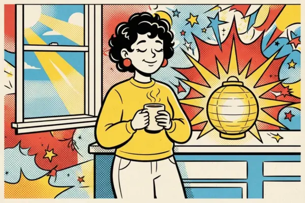 Ilustración de estilo cómic: una persona de pelo negro rizado y suéter amarillo, con los ojos cerrados y una sonrisa, sostiene una taza humeante junto a un farol muy luminoso y una ventana soleada.