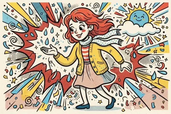 Comic-style illustration of a smiling woman in a yellow cardigan and polka-dot scarf catching raindrops in her open hand, with a smiling sun peeking from a cloud.