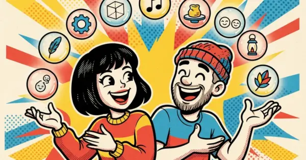 Pop-art illustration of a laughing woman with a black bob and a bearded man in a red beanie, surrounded by bubbles holding small icons: a feather, a gear, a cube, a music note, a clay pot, smiley faces, a lantern and a leaf.