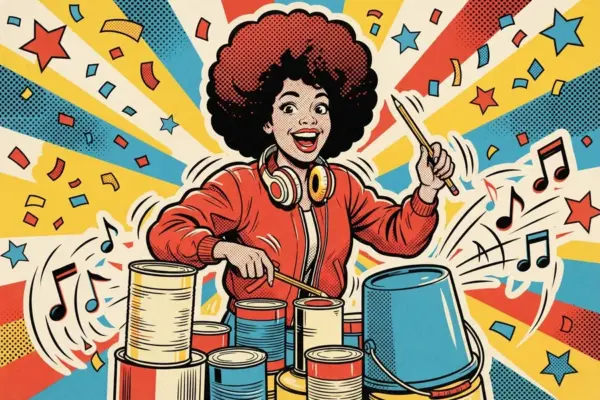 Pop-art woman with an afro and headphones drumming with sticks on tin cans and a bucket, music notes flying around her.