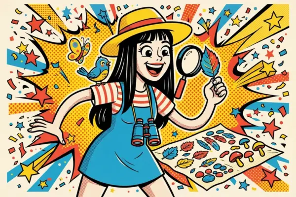 Pop-art girl in a straw hat with binoculars and a magnifying glass studying a feather, a small blue bird on her shoulder and a sheet of leaves and mushrooms in front of her.