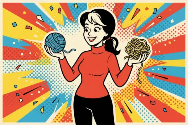 Illustrated person in a red turtleneck holding a neat blue ball of yarn in one hand and a tangled yellow knot of yarn in the other, against a colourful pop-art background of rays and dots.