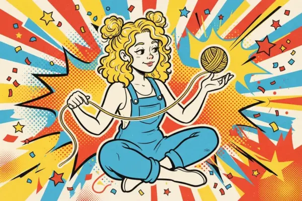 Illustrated person with curly blonde hair in blue overalls sitting cross-legged, holding a ball of yellow yarn up in one hand with a long thread trailing to the other hand, in a bright pop-art burst with confetti.