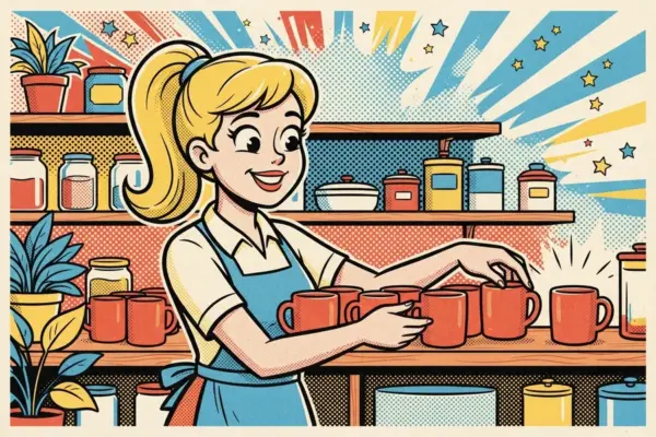 Illustration of a smiling woman with a ponytail and an apron lining up red mugs on a wooden shelf in a bright kitchen.