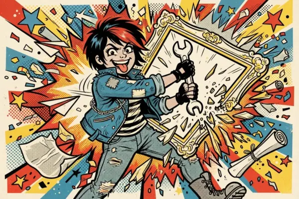 Ilustración pop de una joven de chaqueta vaquera con parches y guantes que revienta con una llave inglesa un marco dorado, entre cristales rotos y papeles que vuelan.