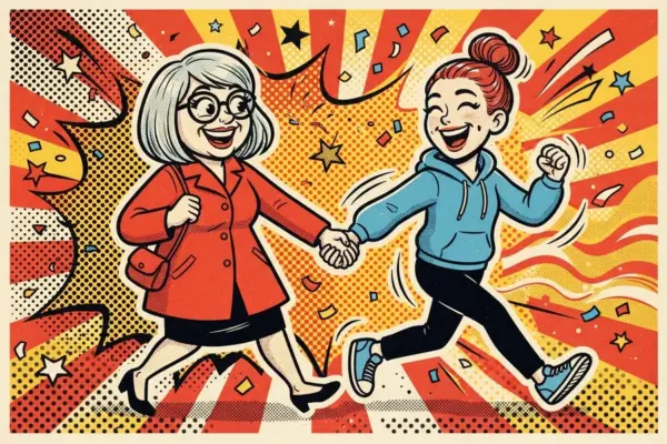 Pop-art illustration of an older woman in a red coat and a young person in a blue hoodie walking hand in hand and laughing.