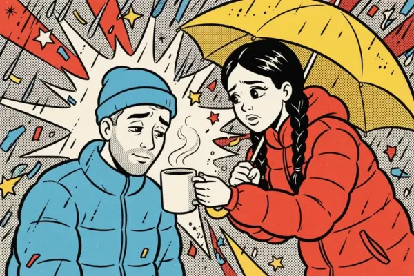 Comic-style illustration of a person in a red puffer jacket holding a yellow umbrella over a sad man in a blue jacket and handing him a steaming mug.