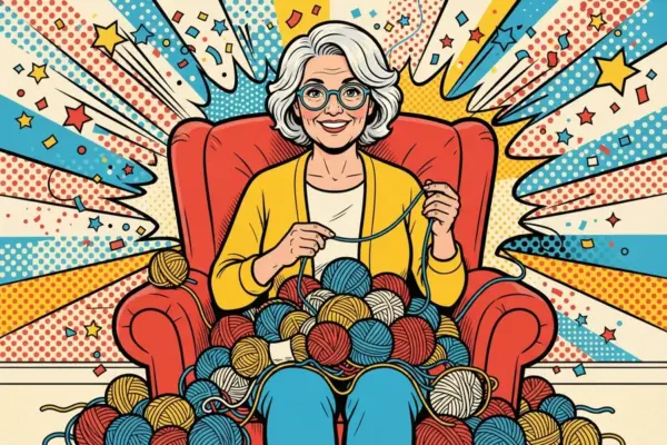 Illustrated smiling person with grey hair and teal glasses in a red armchair and yellow cardigan, their lap and the floor piled with balls of yarn, threads trailing from their hands, in a bright pop-art burst.