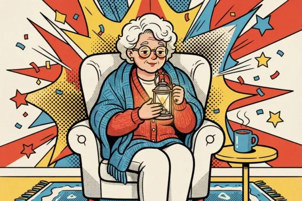 Ilustración de estilo cómic: una persona de pelo blanco y gafas redondas, sentada en un sillón blanco con un chal azul, sostiene un farol encendido; a su lado hay una taza sobre una mesa.
