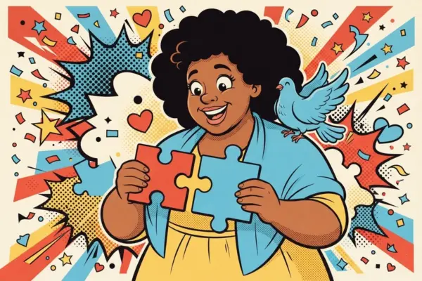 A smiling person with a big curly hairdo and a blue shawl fits two jigsaw pieces together while a blue dove sits on one shoulder, surrounded by hearts and confetti.