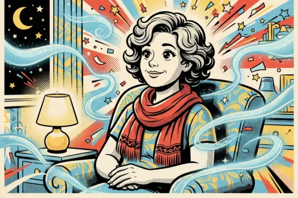 Illustration of a woman with grey curls and a red scarf sitting in a patterned armchair beside a glowing lamp, with pale blue ribbons of light swirling around her.