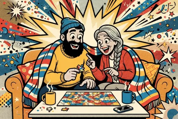 Pop-art illustration of a bearded man in a beanie and an older woman with a gray braid sharing a blanket on a sofa over a jigsaw puzzle, with two steaming mugs and a phone on the table.