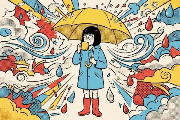 Comic-style illustration of a person in a blue raincoat and red boots sipping from a yellow mug under a yellow umbrella while swirls, raindrops and clouds whirl around.