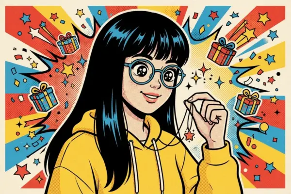Pop-art illustration of a smiling girl with round glasses and a yellow hoodie holding up a small star charm on a string, with gift boxes and confetti bursting behind her.