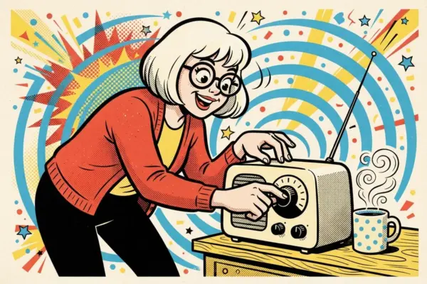 A cartoon person with round glasses and a white bob leans over a cream tabletop radio and turns its dial, beside a steaming polka-dot mug.