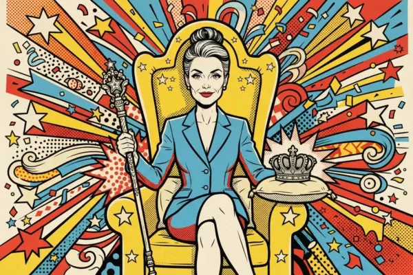 Ilustración pop de una mujer de traje azul sentada en un trono amarillo con un cetro en la mano y una corona sobre un cojín, con rayos de colores detrás.
