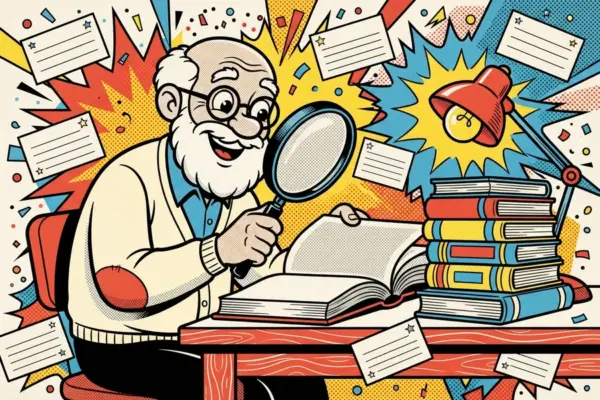 Ilustración pop de un anciano de barba blanca y gafas que examina un libro abierto con una lupa, ante una pila de libros, una lámpara encendida y fichas por el aire.