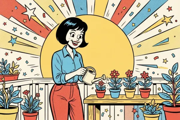 Illustration of a woman in a blue shirt watering a row of potted flowers on a balcony in front of a large yellow sun.