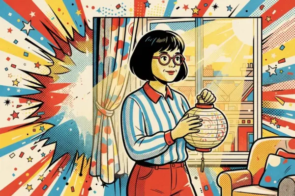 Ilustración de estilo cómic: una persona de pelo corto oscuro, gafas rojas y camisa de rayas sostiene un farol de papel junto a una ventana con cortinas estampadas.