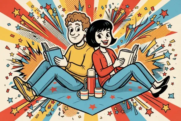 Two people sit back to back on a blanket, each reading a book, with a thermos and two mugs between them, in front of a burst of bright rays and confetti.