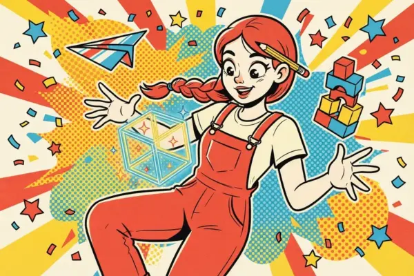 Pop-art girl in red overalls with a braid and a pencil behind her ear, a glowing see-through cube floating near her hand, a paper plane and a tower of blocks beside her.