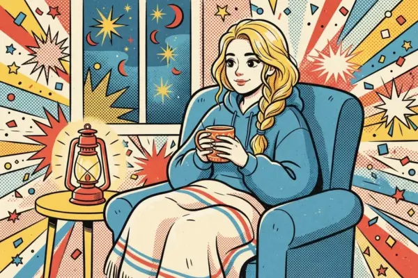 Ilustración de estilo cómic: una persona rubia con trenza, sentada en un sillón azul con una manta y una taza entre las manos, junto a un farol pequeño y una ventana nocturna con estrellas.