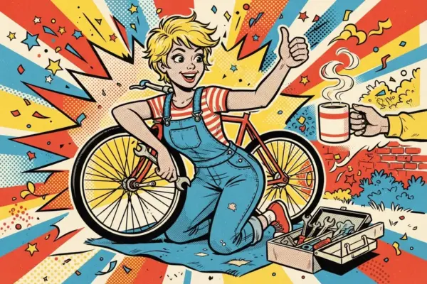 A person with short blonde hair in overalls and a striped shirt kneels beside a bicycle holding a wrench and giving a thumbs-up, a toolbox at their side and a hand offering a steaming mug.