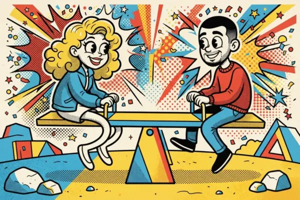 Comic-style illustration of two smiling people sitting at opposite ends of a level seesaw in a playground, surrounded by bright bursts of colour.