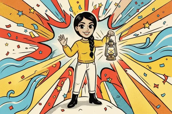 A smiling cartoon person with a long braid and a yellow sweater stands on a hilltop, waving with one hand and holding up a glowing lantern.