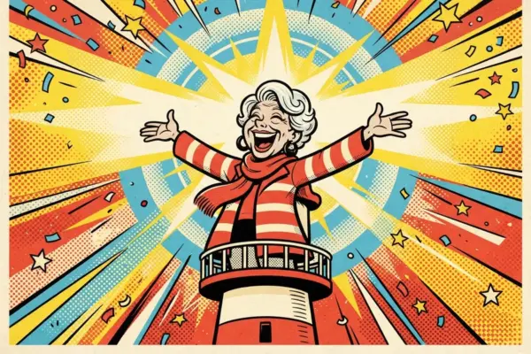 A laughing cartoon elder in a striped red scarf stands on a lighthouse balcony with arms flung wide and bright rays bursting out behind.