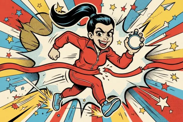 A cartoon runner with a ponytail and a red tracksuit bursts through a finish-line ribbon, holding a stopwatch, against a colourful comic starburst.