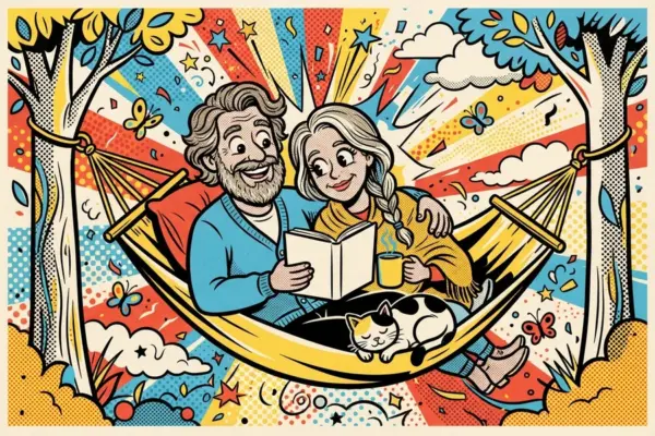 An older couple relaxes in a yellow hammock slung between two trees, sharing a book and a mug of tea while a spotted cat sleeps across their legs.