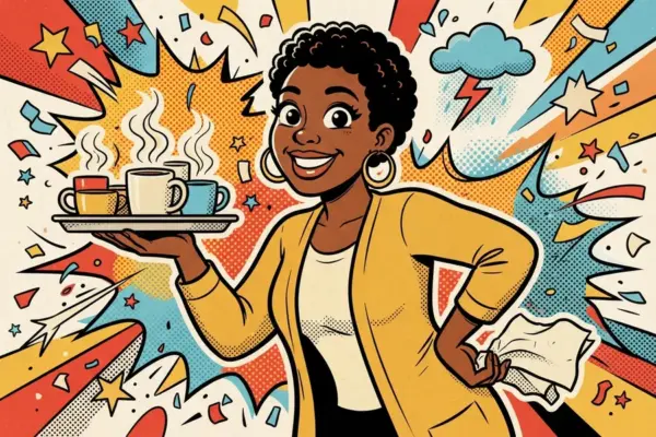 A smiling woman in a yellow cardigan balances a tray of steaming cups on one hand and holds a crumpled napkin in the other, with a small storm cloud above her head.