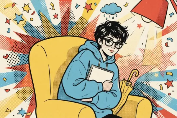 A person with glasses and a blue hoodie sits curled in a yellow armchair hugging a book next to a folded umbrella, under a lamp with a tiny rain cloud overhead.