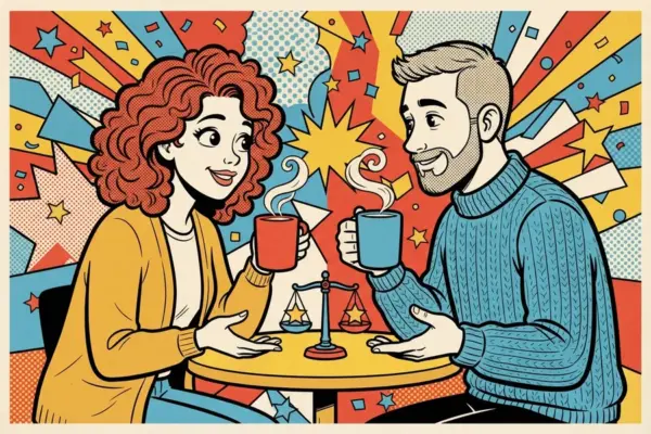 Two cartoon people at a small round table with steaming mugs, talking calmly beside a tiny set of scales, in bright pop-art colors.