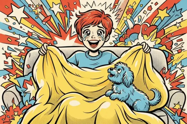 Comic-style illustration of a laughing, teary-eyed person in an armchair holding up a huge yellow blanket while a small blue dog climbs onto it.