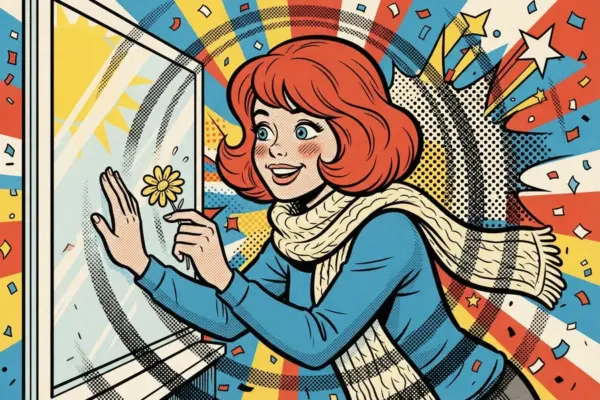 A red-haired person in a cream scarf leans toward a sunlit window, one hand flat on the glass and the other holding a small yellow flower against it, smiling, with bright rays behind them.