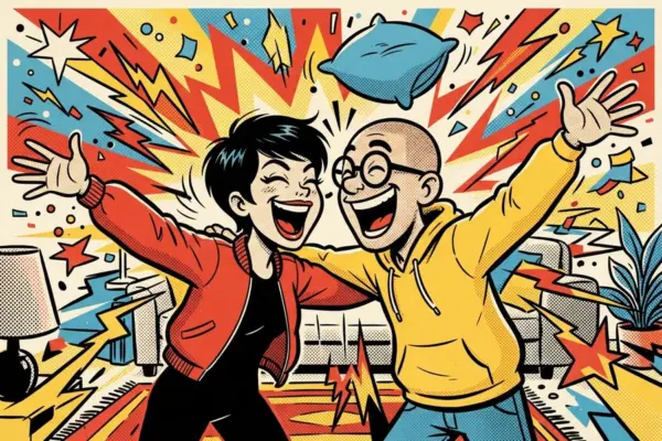 Two cartoon people laughing with arms flung wide in a living room while a cushion flies overhead, with lightning bolts and stars all around.