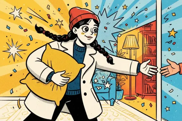 A person with braids and a red beanie, in a white coat, hugs a yellow pillow with one arm while the other arm reaches toward a hand coming through a doorway into a lamp-lit room with a bookshelf.