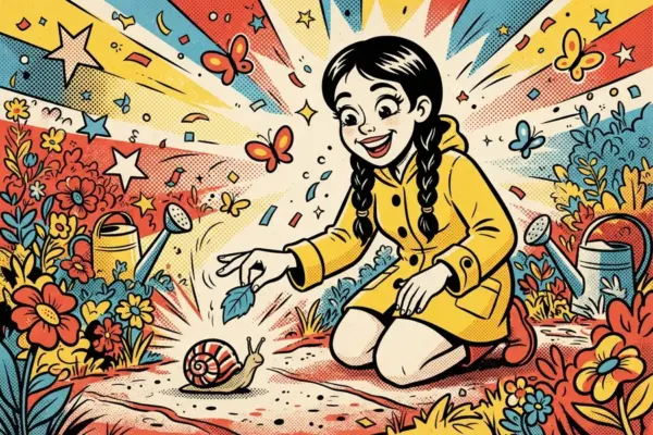 Человек в жёлтом дождевике присел в саду среди цветов и лейки и протягивает листок улитке на дорожке.